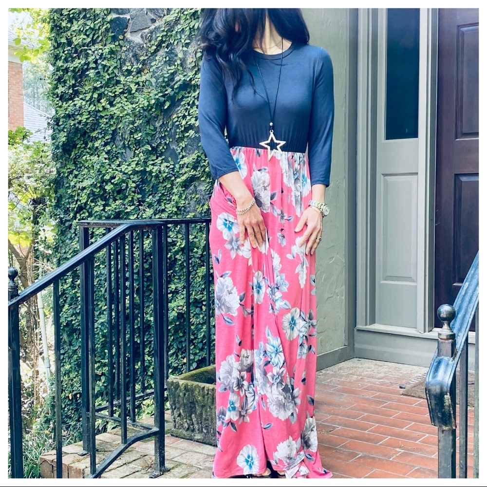 ✨LAST ONE✨CHARCOAL FLORAL SIDE POCKETS MAXI DRESS - Picture 9 of 13